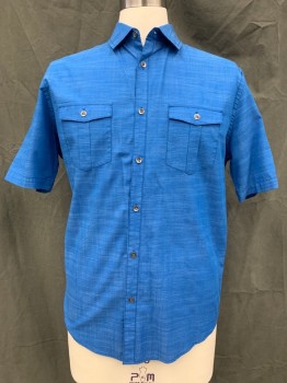 Mens, Casual Shirt, Alfani, Blue, Lt Blue, Cotton, Polyester, Heathered, M, Button Front, Collar Attached, Short Sleeves, 2 Chest Pockets