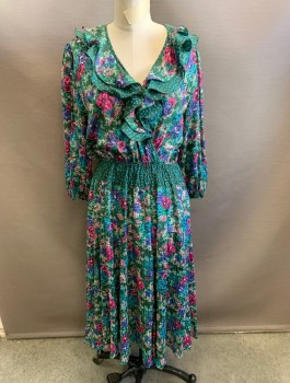 DVF, Dk Green, Fuchsia Pink, Turquoise Blue, Gray, Purple, Polyester, Sequins, Floral, 3/4 Sleeve, Surplice V-neck with Self Ruffle, Elastic Waist, Pink and Blue Sequins Scattered Throughout, Scalloped Panels at Hem, Mid Calf Length,