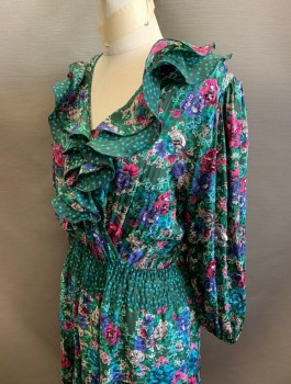 Womens, Dress, DVF, Dk Green, Fuchsia Pink, Turquoise Blue, Gray, Purple, Polyester, Sequins, Floral, W24-30, B:36, 3/4 Sleeve, Surplice V-neck with Self Ruffle, Elastic Waist, Pink and Blue Sequins Scattered Throughout, Scalloped Panels at Hem, Mid Calf Length,