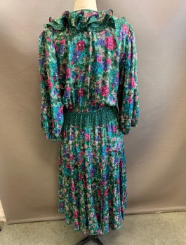 DVF, Dk Green, Fuchsia Pink, Turquoise Blue, Gray, Purple, Polyester, Sequins, Floral, 3/4 Sleeve, Surplice V-neck with Self Ruffle, Elastic Waist, Pink and Blue Sequins Scattered Throughout, Scalloped Panels at Hem, Mid Calf Length,