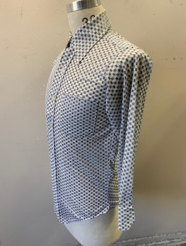 Mens, Casual Shirt, NOBILITY, White, Slate Gray, Polyester, Nylon, Abstract , Slv:29, N:14.5, Sheer, Stretchy Fabric, Long Sleeves, Button Front, Collar Attached, 1 Patch Pocket, **Sleeve Length Shortened,