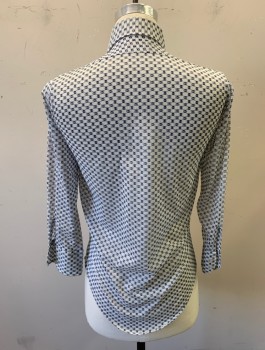 Mens, Casual Shirt, NOBILITY, White, Slate Gray, Polyester, Nylon, Abstract , Slv:29, N:14.5, Sheer, Stretchy Fabric, Long Sleeves, Button Front, Collar Attached, 1 Patch Pocket, **Sleeve Length Shortened,