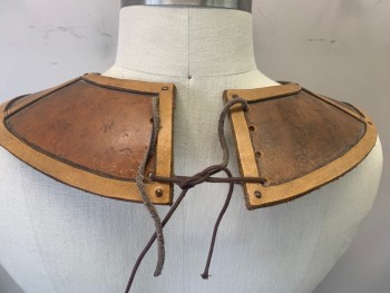 Unisex, Historical Fiction Collar, MTO, Tan Brown, Bronze Metallic, Leather, Metallic/Metal, Bronze Birds Metal Panels, Brown Leather Trim Between Panels and Edges, Wang Tie/Lacing at Center Back (No Laces)
