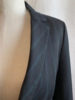 CLASSIQUES, Black, White, Turquoise Blue, Viscose, Polyester, Stripes, BLAZER, Single Breasted, Notched Lapel, 2 Pockets with Black Button, Vent Back, Button Cuff