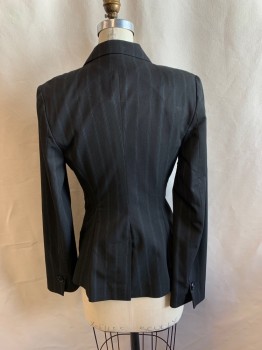 CLASSIQUES, Black, White, Turquoise Blue, Viscose, Polyester, Stripes, BLAZER, Single Breasted, Notched Lapel, 2 Pockets with Black Button, Vent Back, Button Cuff