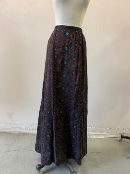 Womens, Skirt 1890s-1910s, NL, Brown, Turquoise Blue, Purple, Blue, Synthetic, Silk, Floral, W22, Jacquard,black Onyx Bustle  Button