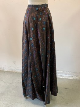 Womens, Skirt 1890s-1910s, NL, Brown, Turquoise Blue, Purple, Blue, Synthetic, Silk, Floral, W22, Jacquard,black Onyx Bustle  Button