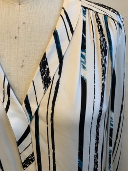 CLASSIQUES ENTIER, White, Black, Teal Blue, Silk, Lycra, Stripes, V-neck, Collar Attached Into Placket Panel, Gathered at Yoke, Long Sleeves, Button Cuff