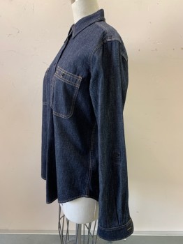 RALPH LAUREN, Denim Blue, Cotton, Solid, L/S, Button Front, Collar Attached, Chest Pocket, Brown Stitching