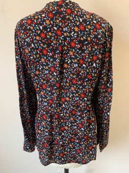 ALC, Black, Red, Lt Blue, Sage Green, Yellow, Silk, Floral, Button Front, Long Sleeves, Band Collar,  1 Pocket, Button Cuffs, Side Slits, Crepe