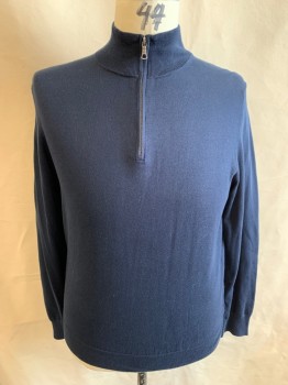 BROOKS BROTHERS, Navy Blue, Cotton, Mock Neck, 1/4 Zip Front, Knit, Hole on Right Shoulder