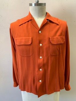 Mens, Casual Shirt, MANHATTAN, Dk Orange, Cotton, Solid, N;16, L, Twill Weave, L/S, Button Front, Camp Collar, 2 Patch Pockets with Flap Closures