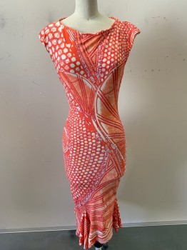 ROBERTO CAVALLI, Coral Orange, White, Magenta Pink, Polyester, Spandex, Abstract , Cap Sleeves, Stretchy, Bateau Neck, Fitted, Flared Hem With Godet Panels, Knee Length