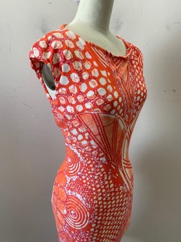 ROBERTO CAVALLI, Coral Orange, White, Magenta Pink, Polyester, Spandex, Abstract , Cap Sleeves, Stretchy, Bateau Neck, Fitted, Flared Hem With Godet Panels, Knee Length