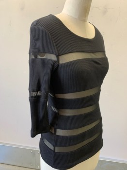 ANGL, Black, Rayon, Spandex, Solid, Rib Knit Jersey with Horizontal Panels of Sheer Net, Pullover, 3/4 Sleeves, Scoop Neck, Fitted