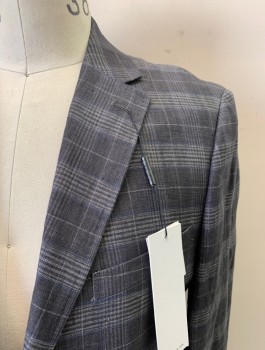 CALVIN KLEIN, Gray, Lt Gray, Dk Gray, Blue, Linen, Plaid, Notched Lapel, Single Breasted, 2 Buttons, 3 Pockets