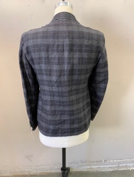 CALVIN KLEIN, Gray, Lt Gray, Dk Gray, Blue, Linen, Plaid, Notched Lapel, Single Breasted, 2 Buttons, 3 Pockets
