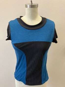 MTO, Black, Aqua Blue, Polyester, Spandex, Textured Fabric, Color Blocking, Round Neck, S/S, Ribbed