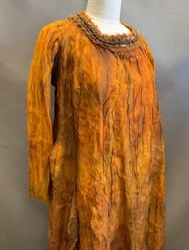 Womens, Sci-Fi/Fantasy Dress, N/L MTO, Burnt Orange, Rust Orange, Brown, Silk, Mottled, B <38", Crinkled Texture Fabric with Hand Painted Streaks, More Brown and Grungy at Hem, Long Sleeves, Scoop Neck with Pleated Leather Trim, Raw Edges Throughout, Fantasy, Witch Like, Earthy