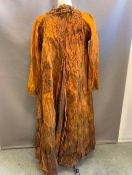 Womens, Sci-Fi/Fantasy Dress, N/L MTO, Burnt Orange, Rust Orange, Brown, Silk, Mottled, B <38", Crinkled Texture Fabric with Hand Painted Streaks, More Brown and Grungy at Hem, Long Sleeves, Scoop Neck with Pleated Leather Trim, Raw Edges Throughout, Fantasy, Witch Like, Earthy