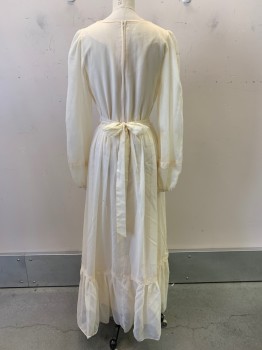 Womens, Evening Gown, NO LABEL, Cream, Polyester, Acetate, Solid, W26, B32, L/S, Scoop Neck, Lace Trim, Sheer Sleeves, 4 Buttons, Zip Back, Pleated Skirt, Waist Tie,