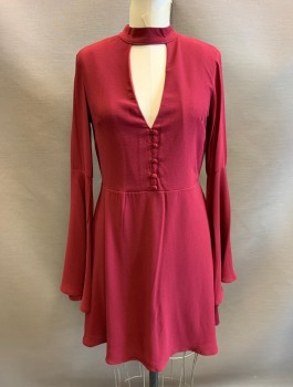 SOCIALITE, Red Burgundy, Polyester, Spandex, Solid, Crepe, Long Belled Sleeves, Stand Collar with Triangular Cutout at Neck, 5 Fabric Buttons at Front, Hem Above Knee,  A-Line
