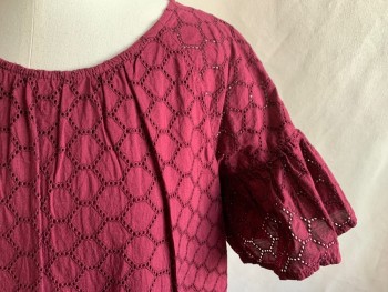Childrens, Blouse, CAT & JACK, Red Burgundy, Cotton, Solid, XL, Pentagon Shaped Open Embroidery, Scoop Neck Pleat with a Pleats, Keyhole Back, Raglan Short Sleeves, with Flutter Cuff