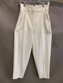 MAX MARA, White, Wool, Elastane, Solid, High Waisted, Double Pleated, Tapered Leg, Zip Fly, Belt Loops, 2 Side Pockets, High End/Designer