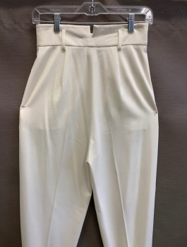 MAX MARA, White, Wool, Elastane, Solid, High Waisted, Double Pleated, Tapered Leg, Zip Fly, Belt Loops, 2 Side Pockets, High End/Designer