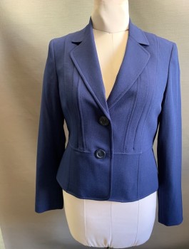 KASPER, Navy Blue, Polyester, Solid, Single Breasted, 2 Buttons,  Notched Lapel, Flat Feld Seams Down Front and Back, One at Waist