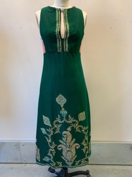 TRACY FEITH, Emerald Green, Rose Pink, Off White, Gold, Turquoise Blue, Wool, Floral, Leaves/Vines , Round Neck With Keyhole And Single Button, Embroidered Detail on Chest and Bottom, Floral Patches on Sides, Back Zipper, Hem Mid-calf