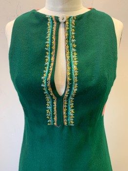 TRACY FEITH, Emerald Green, Rose Pink, Off White, Gold, Turquoise Blue, Wool, Floral, Leaves/Vines , Round Neck With Keyhole And Single Button, Embroidered Detail on Chest and Bottom, Floral Patches on Sides, Back Zipper, Hem Mid-calf