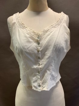 Womens, Camisole 1890s-1910s, NL, Off White, Cotton, B: 32, V-N, Eyelet Trim, Ruffle Trim, Button Front, Diagonal Seams, *Red Stain on Left Armpit, Missing 2nd to Last Button, Blue Stains on Placket