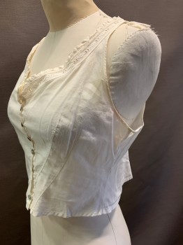 Womens, Camisole 1890s-1910s, NL, Off White, Cotton, B: 32, V-N, Eyelet Trim, Ruffle Trim, Button Front, Diagonal Seams, *Red Stain on Left Armpit, Missing 2nd to Last Button, Blue Stains on Placket