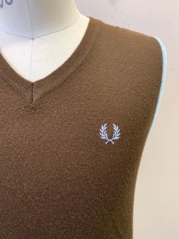 FRED PERRY, Dk Brown, Baby Blue, White, Cotton, Solid, V Neck,