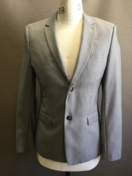 TOPMAN, Lt Gray, Polyester, Viscose, Birds Eye Weave, Single Breasted, Collar Attached, Notched Lapel, 3 Pockets, 2 Buttons