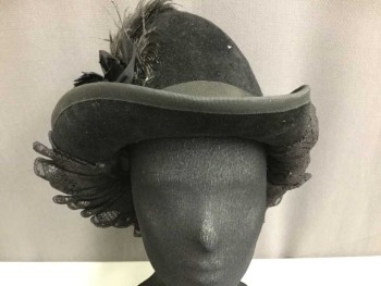 Womens, Historical Fiction Hat, MTO, Black, Felt, Lace, Pilgrim, Fur Felt 1600s Hat With Lace Along Back Brim, Feather And Cockade