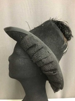 Womens, Historical Fiction Hat, MTO, Black, Felt, Lace, Pilgrim, Fur Felt 1600s Hat With Lace Along Back Brim, Feather And Cockade