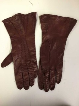 Womens, Leather Gloves, PAMELA WOODS, Wine Red, Leather, Solid, XS/S, Wine W/self Broken Line, Hand-stitches Details