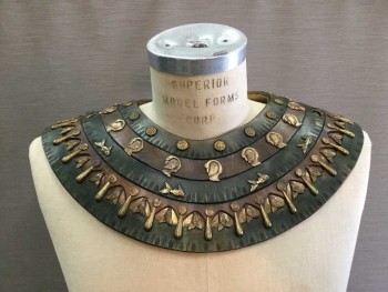 Unisex, Historical Fiction Collar, M.T.O., Forest Green, Brown, Brass Metallic, Leather, Metallic/Metal, Egyptian Leather Collar In Brown and Green with Brass Studs Of Medallions, Fish, Birds and Abstract Shapes. Leather Has Embossed Detail. 4 Brass Detail At Center Back Neck For Closure. One Fish Missing At Center Back Left