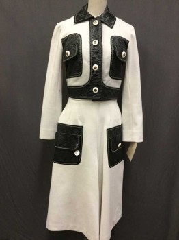 Womens, 1960s Vintage, Suit, Jacket, H Wolf, Cream, Black, Polyester, Vinyl, Color Blocking, 2, Button Front, Collar Attached,  2 Faux Pockets, White Top Stitching, Gold & White Button Detail