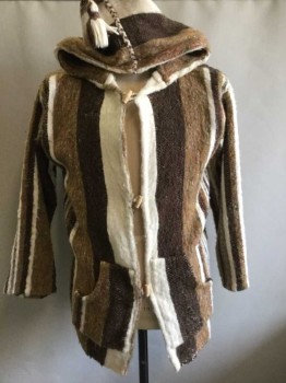 Mens, Jacket, N/L, Brown, Tan Brown, Cream, Wool, Stripes - Vertical , Woolly Textured Knit, Wood Toggle Buttons, Kangaroo Pocket,  Hood W/Pom Pom Dangling At End, From South America, Probably Peru