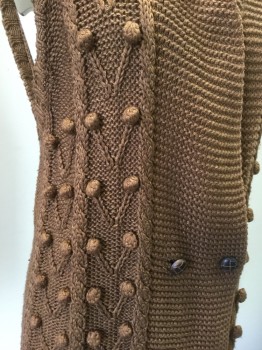 Womens, Vest, CHAUS, Coffee Brown, Silk, Acrylic, Cable Knit, Large, Double Breasted, Cable Knit Vines with Baubles, Notched Lapel, 4 Buttons, Can Be Used in 1920s