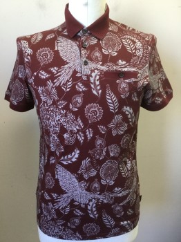 TED BAKER, Maroon Red, Gray, Cotton, Animal Print, Floral, Maroon with Gray Leopard/ Birds, Floral  Print, Solid Maroon Collar Attached, 1 Pocket Trim , Inside Pocket Trim & Short Sleeves Cuffs , 3 Button Front,