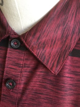 ALFANI, Maroon Red, Black, Polyester, Heathered, Stripes - Horizontal , Maroon with Black Horizontal Streaks/Heather Pattern, Black Horizontal Stripes, Short Sleeves, 3 Buttons at Neck, Collar Attached