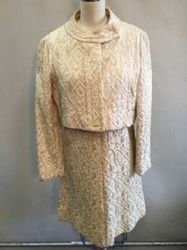 Womens, 1960s Vintage, Piece 1, N/L, Cream, Gold, Silk, Abstract , W:31, B:34, Dress, Brocade, Sleeveless, V-neck, 2 Gold Buttons with Silver Gemstones and Ornate Detail At Center Front Bust, Center Back, Zip, Solid Cream Lining, Knee Length,