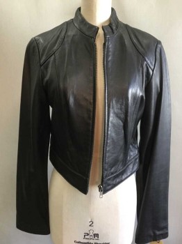LEATHER WORLD, Black, Leather, Solid, LEATHER JACKET:  Black, Stand Collar Attached, Zip Front, Long Sleeves, Wedge Seam At Shoulder, Black Lining