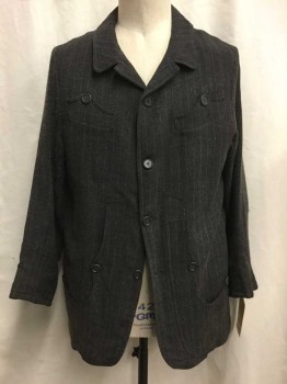 Mens, Jacket 1890s-1910s, NO LABEL, Gray, Lt Gray, Wool, Stripes - Vertical , 42, Reverse Western Button Chest Pockets, Whimsy Waist Patch Pockets with Buttons, 4 Button Closure, Single Breasted, Fabric Pilling and Distressed, Black Lining Falling Out At Hem,