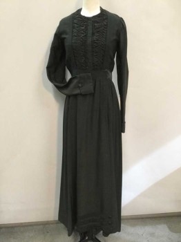Womens, Dress 1890s-1910s, MTO, Black, Cotton, Solid, 26, 34, Long Sleeves, Hook & Eyes Front, Smocked Panel Front, Pleated From Waistband Up, Rolled Up Cuffs, Gathered At Waist, Hook & Eye Skirt Closure On Left Side Panel, 3 Stripes Front Panel Hem, Faded, Slight Shoulder Burn, Light Staining Throughout,