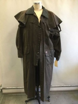 Mens, Coat, Duster, OUTBACK, Dk Brown, Cotton, Polyester, Solid, C:50", XL, Drawstring Waist, Leather Collar Attached, Snap Front, 2 Pockets